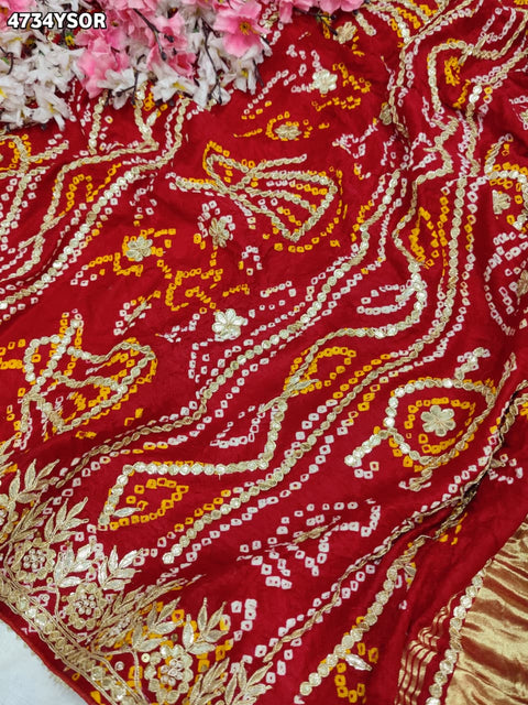 KcPc Premium Gaji Silk Bandhani Saree with Gota Patti Work    AMT