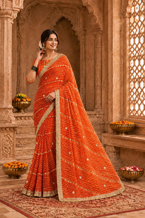 KcPc Premium Georgette Leheriya Saree with Gotapatti Work   MHS
