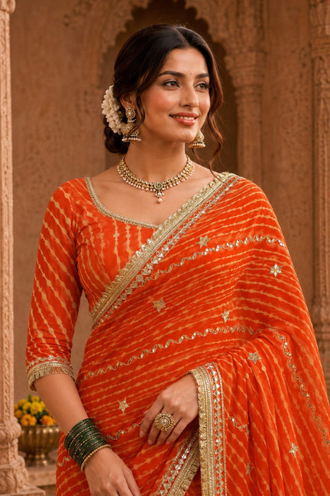 KcPc Premium Georgette Leheriya Saree with Gotapatti Work   MHS
