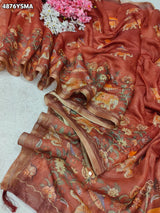 KcPc Premium Cotton Silk Kalamkari Style Saree with Aari Tari WorkSTL