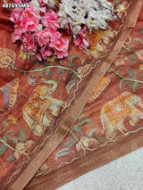 KcPc Premium Cotton Silk Kalamkari Style Saree with Aari Tari WorkSTL