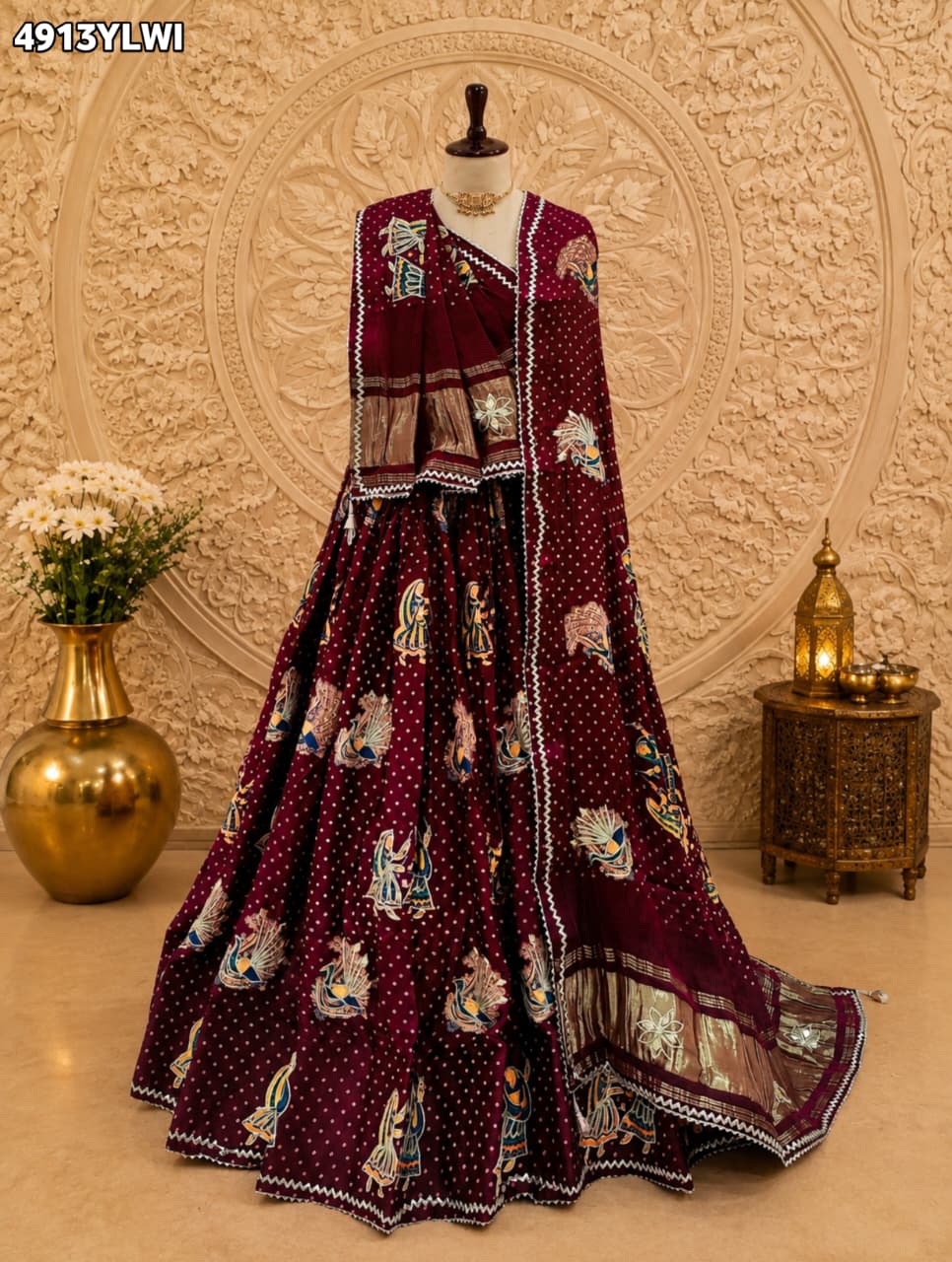 KcPc Gaji Silk Kalamkari Lehenga with Gotapatti WorkGOURI