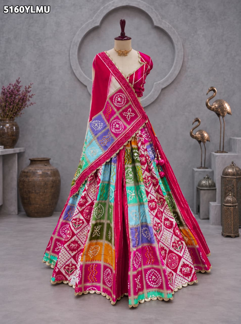 KcPc Crepe Silk Bandhani Lehenga with Traditional Gotapatti Work