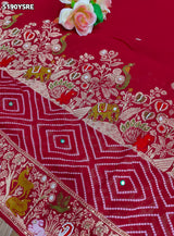 KcPc Georgette Bandhani Saree with Cutdana White Beads Work