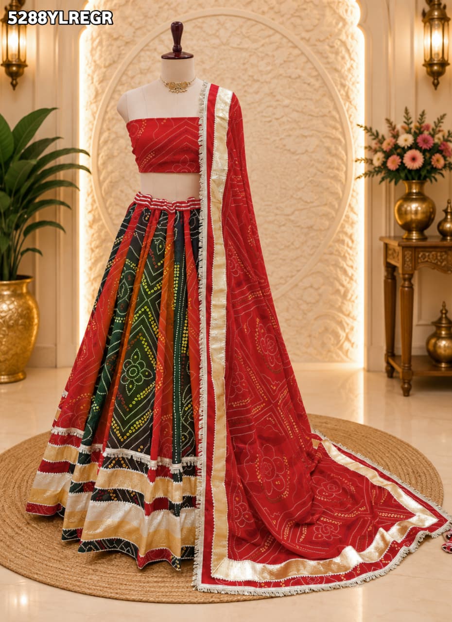 KcPc Georgette Bandhani Style Lehenga with Traditional Gota Work for Festive Wear