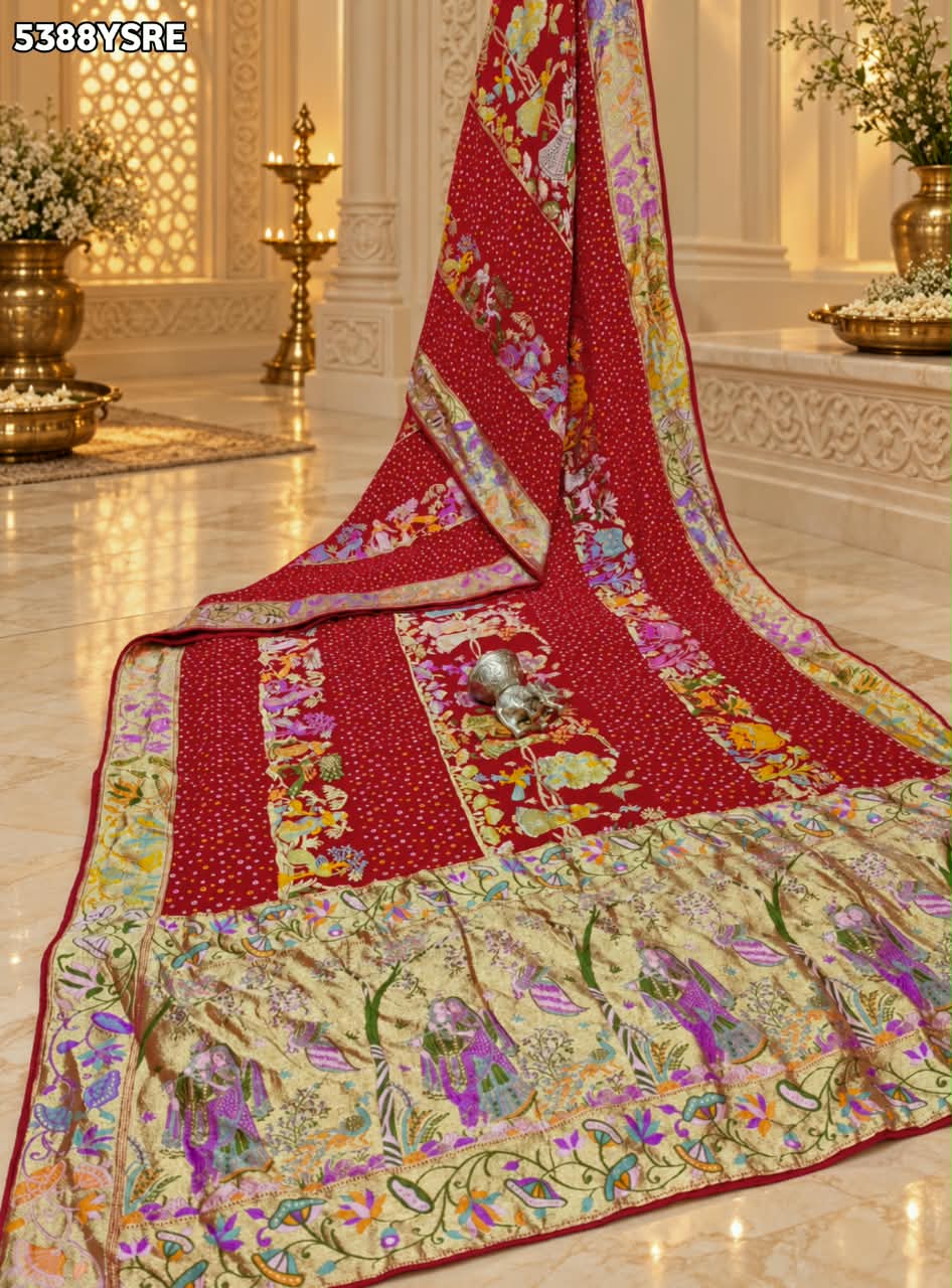 KcPc Georgette Bandhani Kalamkari Style with Traditional Zari WeavingSaree