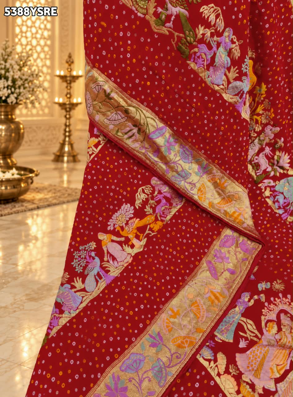 KcPc Georgette Bandhani Kalamkari Style with Traditional Zari WeavingSaree