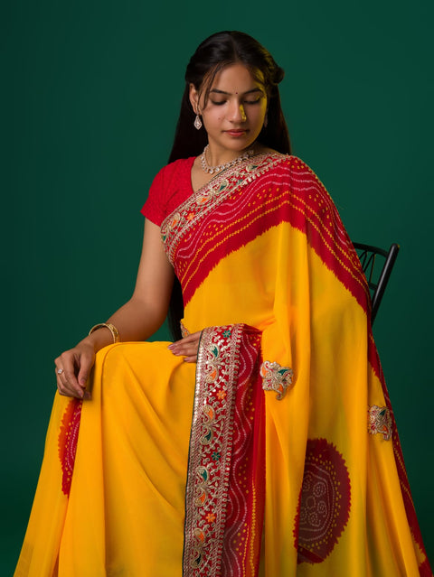 KCPC New Georgette Gotapatti Work Chunri Pomcha Saree