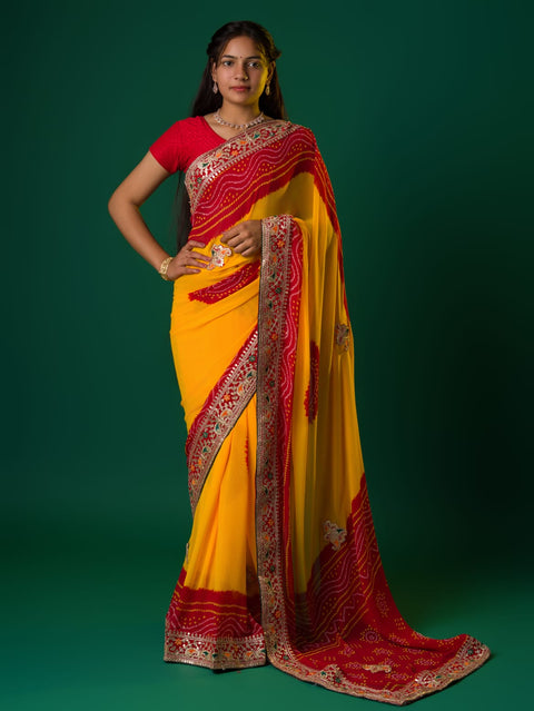 KCPC New Georgette Gotapatti Work Chunri Pomcha Saree