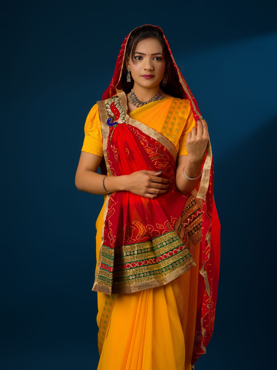 KcPc Rajasthani Semi Georgette Marwadi chunri Pila Broach stole