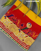 KcPc Latest Ethnic Indian Marriage Bridal Chunri Pila Odhna in Peacock Belbuti Work Pomcha (Pure Georgette Fabric)