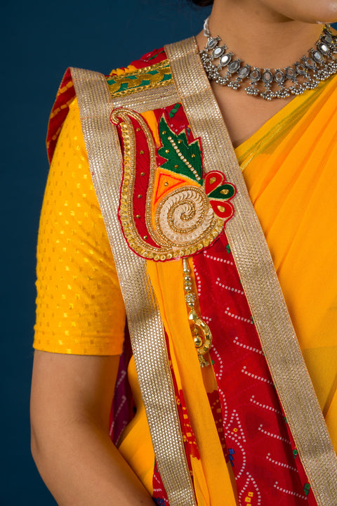 KcPc Rajasthani Marwadi Semi Georgette Pila Pomcha Broach stole