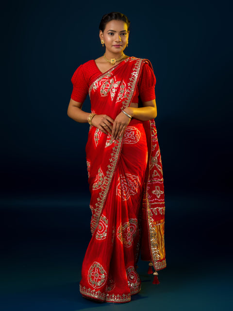 KcPc Latest New Pure Gaji Silk Handmade Bandhej Gotapatti Laddu Bandhej Saree  AMT Mehroon