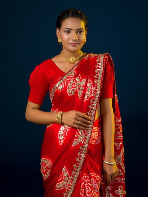 KcPc Latest New Pure Gaji Silk Handmade Bandhej Gotapatti Laddu Bandhej Saree  AMT Mehroon
