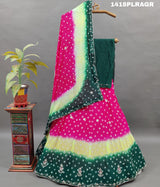 A traditional Indian lehenga with multicolor bandhani 