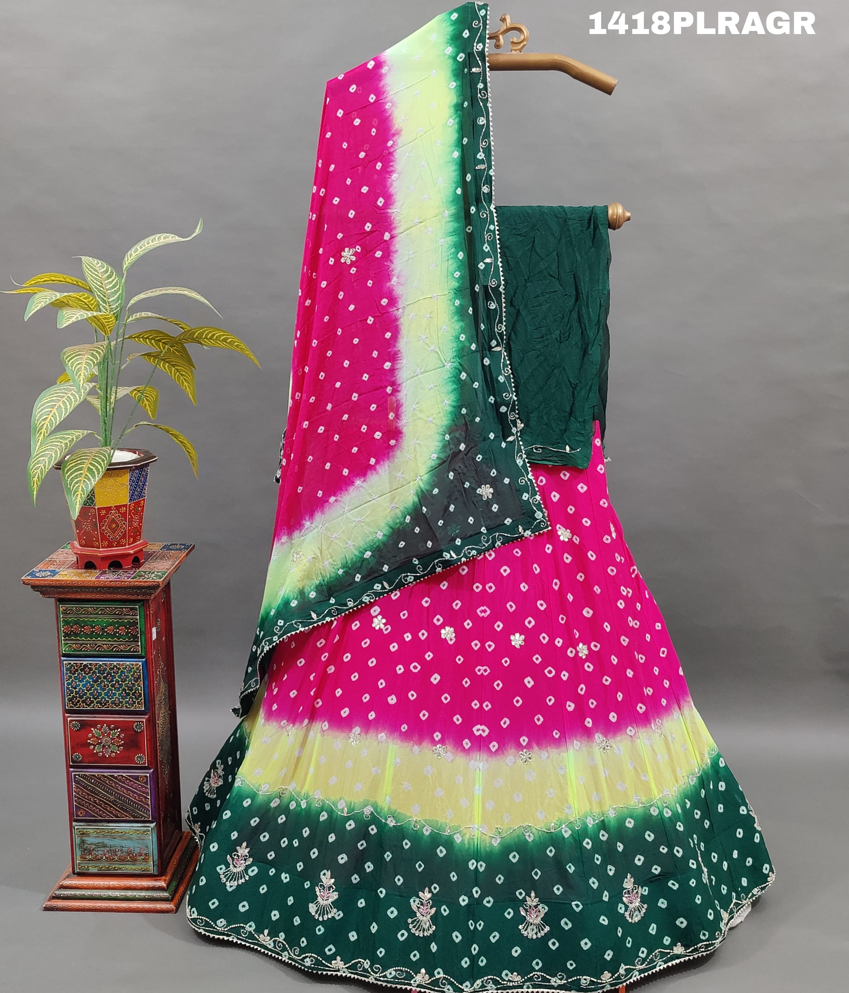 A traditional Indian lehenga with multicolor bandhani 