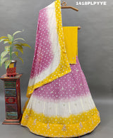 A traditional Indian lehenga with multi-color bandhani and cutdana work