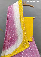 A traditional Indian lehenga with multi-color bandhani and cutdana work