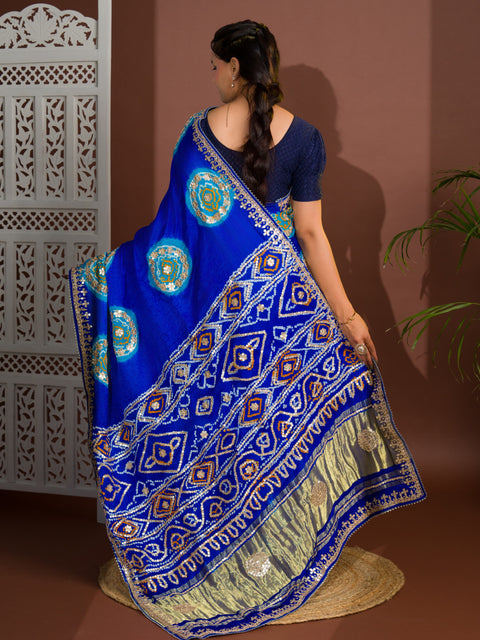 KcPc Latest New Pure Gaji Silk Handmade Bandhej Gotapatti Laddu Bandhej Saree  Firozi AMT Blue