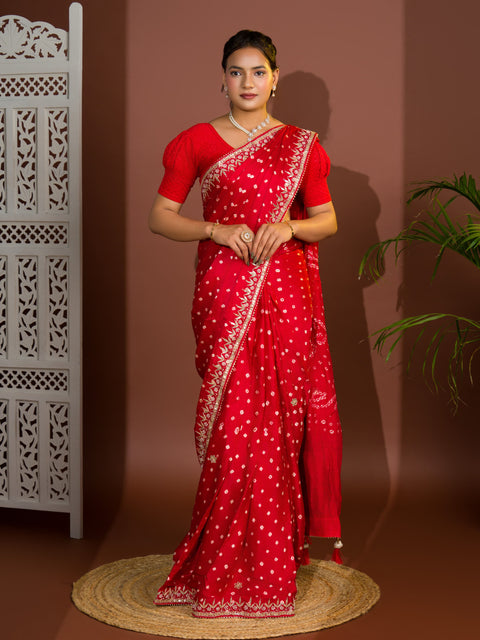 KcPc Modal Gaji Silk Bandhej Gotapatti Work Saree   Red