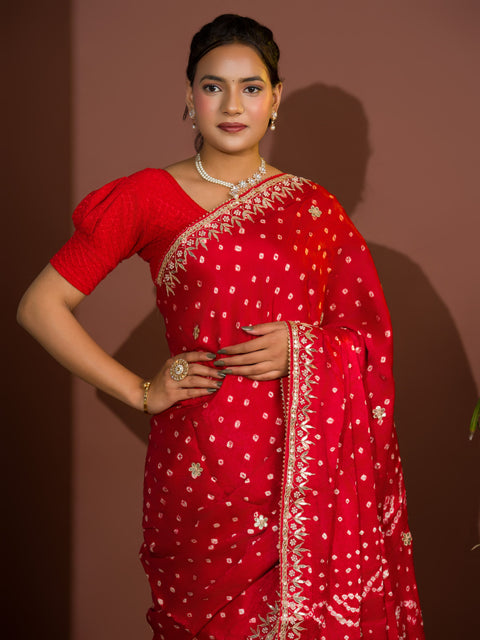 KcPc Modal Gaji Silk Bandhej Gotapatti Work Saree   Red