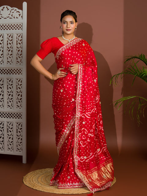 KcPc Modal Gaji Silk Bandhej Gotapatti Work Saree   Red