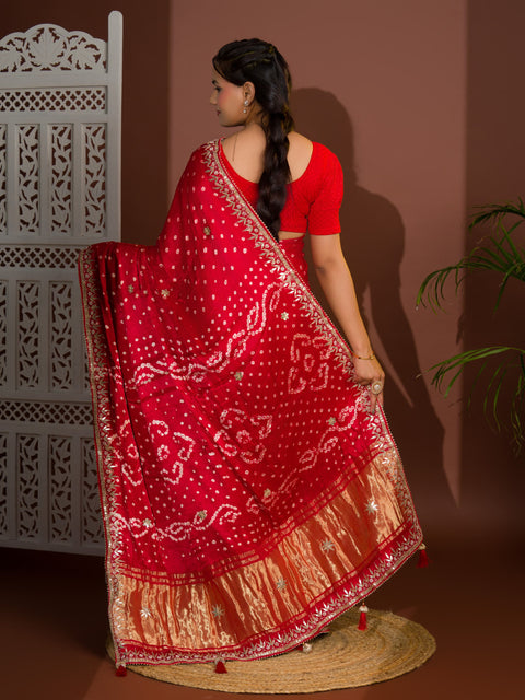 KcPc Modal Gaji Silk Bandhej Gotapatti Work Saree   Red