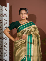 Agreen and gold tissue Banarasi handloom saree