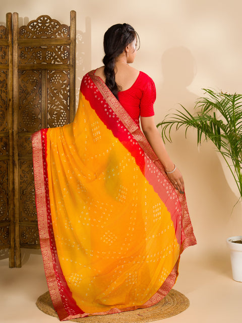 KcPc Beautiful Moss Chiffon Georgette Bandhani Sarees Yellow Red