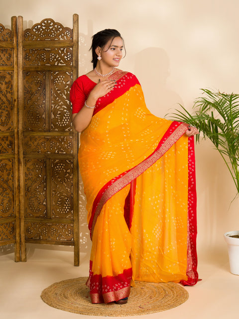 KcPc Beautiful Moss Chiffon Georgette Bandhani Sarees Yellow Red