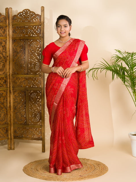 KcPc Beautiful Moss Chiffon Georgette Bandhani Sarees Red