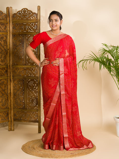 KcPc Beautiful Moss Chiffon Georgette Bandhani Sarees Red