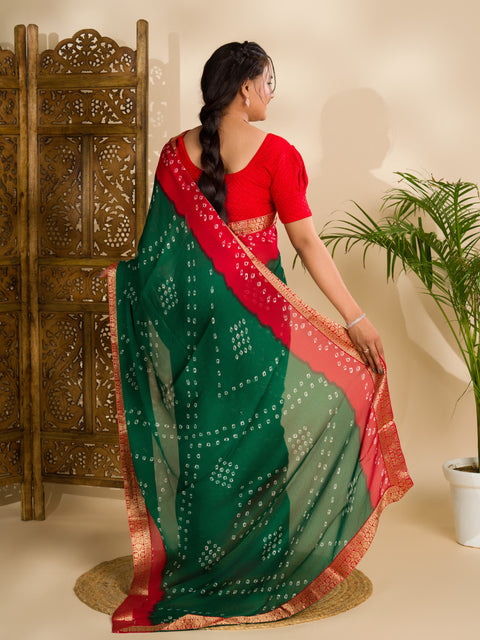 KcPc Beautiful Moss Chiffon Georgette Bandhani Sarees Green Red