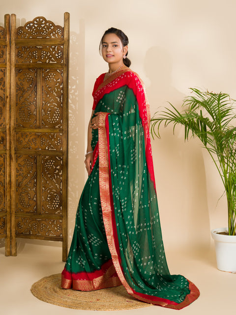 KcPc Beautiful Moss Chiffon Georgette Bandhani Sarees Green Red