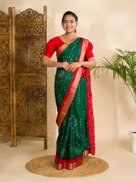 KcPc Beautiful Moss Chiffon Georgette Bandhani Sarees Green Red