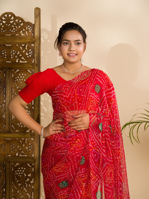 KcPc Rajwadi Style Royal Georgette Bandhani Sarees Red