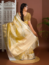 tissue silk Banarasi saree with zari weaving, in orange and yellow colors