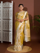 tissue silk Banarasi saree with zari weaving, in orange and yellow colors