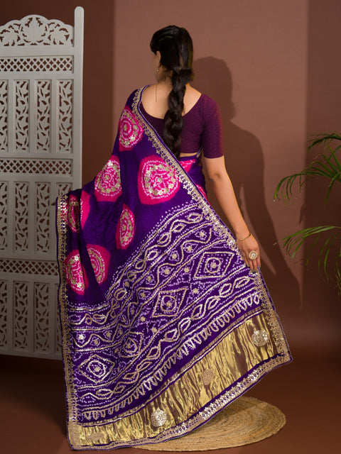 KcPc Latest New Pure Gaji Silk Handmade Bandhej Gotapatti Laddu Bandhej Saree  AMT Purple