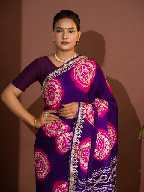 KcPc Latest New Pure Gaji Silk Handmade Bandhej Gotapatti Laddu Bandhej Saree  AMT Purple