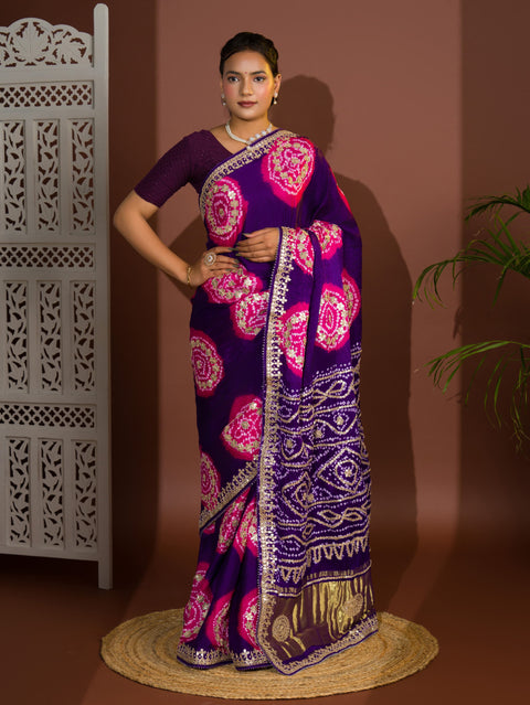 KcPc Latest New Pure Gaji Silk Handmade Bandhej Gotapatti Laddu Bandhej Saree  AMT Purple