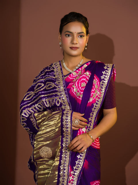 KcPc Latest New Pure Gaji Silk Handmade Bandhej Gotapatti Laddu Bandhej Saree  AMT Purple