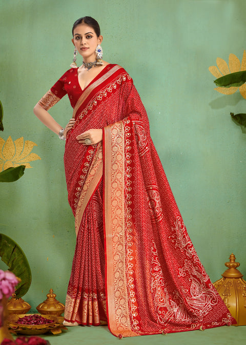 KcPc Designer Dola Silk Bandhani Print Gotapatti Aaritari work Saree  Red GAN