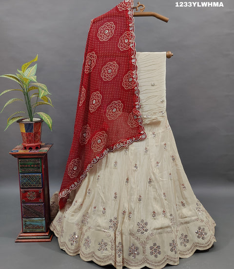 KcPc Beautiful Pure Upada Silk Georgette Bandhani Dupatta Mirror Gota pati Work Lehenga MAD