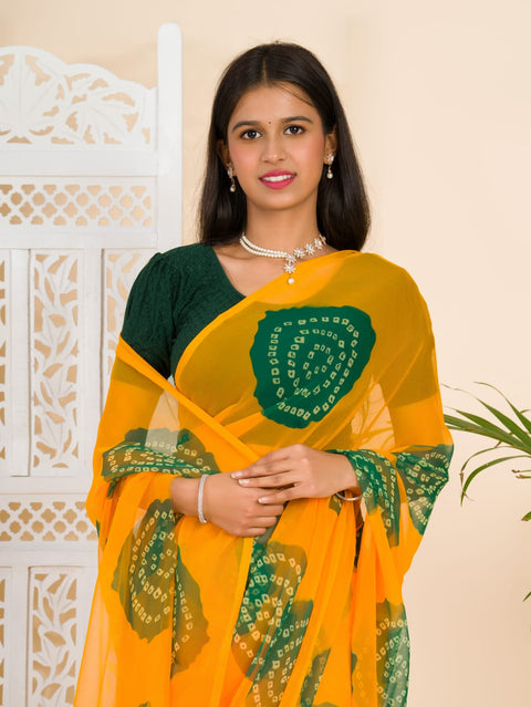 KcPc Summer Special Rajasthani Royal Georgette Bandhani Sarees Yellow