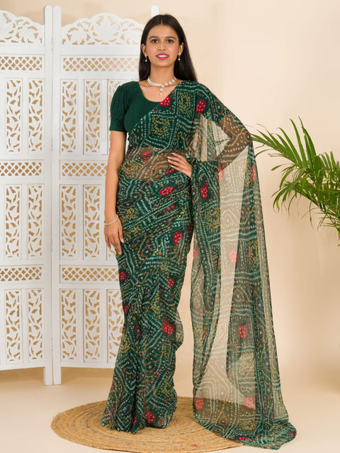 KcPc Rajwadi Style Royal Georgette Bandhani Sarees Bottle Green