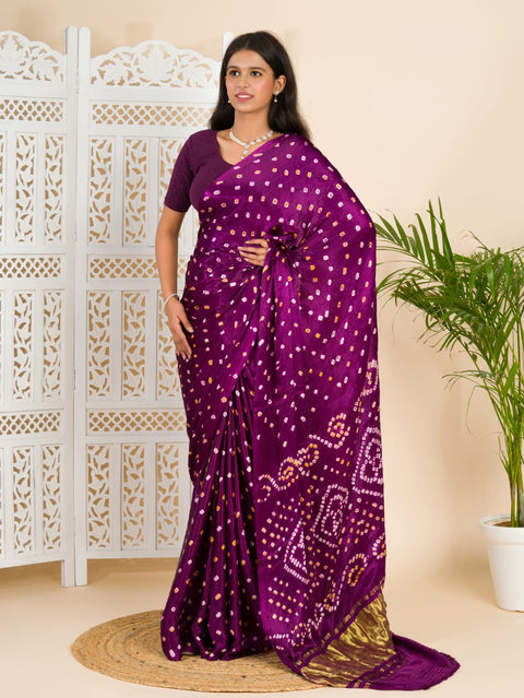 KcPc Gaji Silk Bandhani Ekdana Handmade Bandhej Saree with Lagdi Patta Pallu Purple