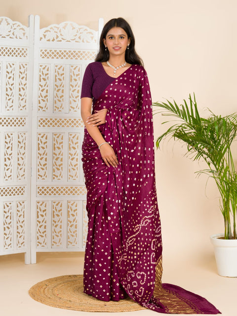 KcPc Gaji Silk Bandhani Ekdana Handmade Bandhej Saree with Lagdi Patta Pallu  Wine