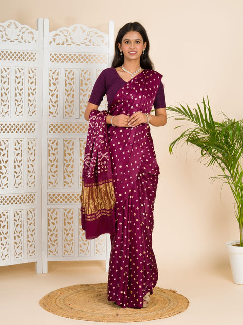 KcPc Gaji Silk Bandhani Ekdana Handmade Bandhej Saree with Lagdi Patta Pallu  Wine