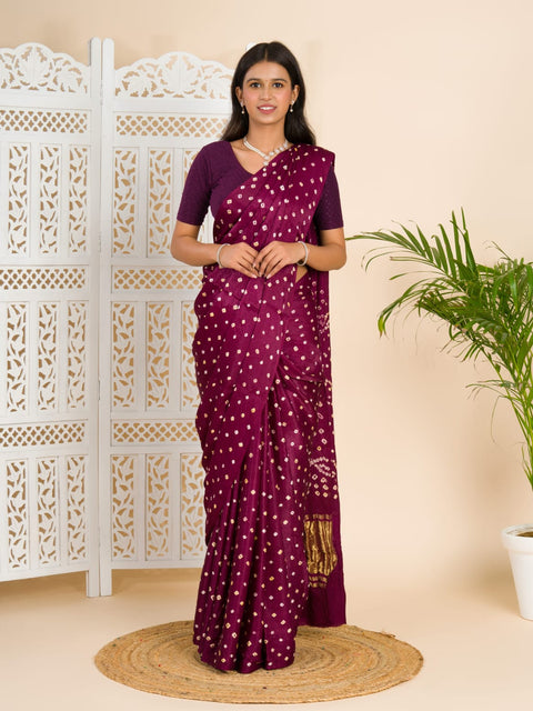 KcPc Gaji Silk Bandhani Ekdana Handmade Bandhej Saree with Lagdi Patta Pallu  Wine
